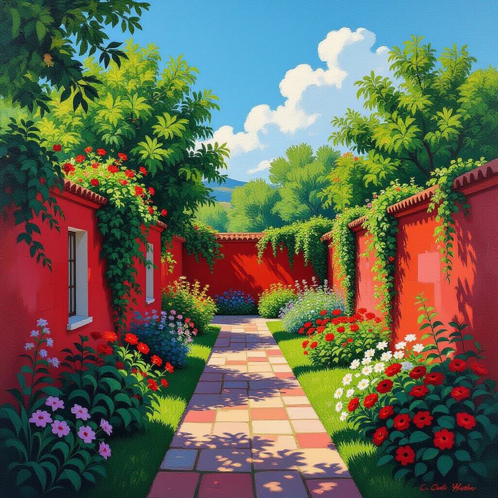 Vibrant Walled Garden in Impressionistic Style