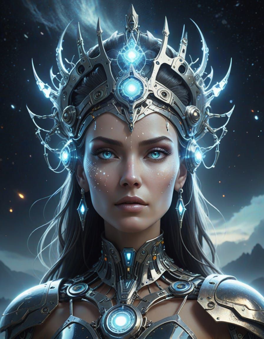 Cybernetic Queen Portrait in Cosmic Realm