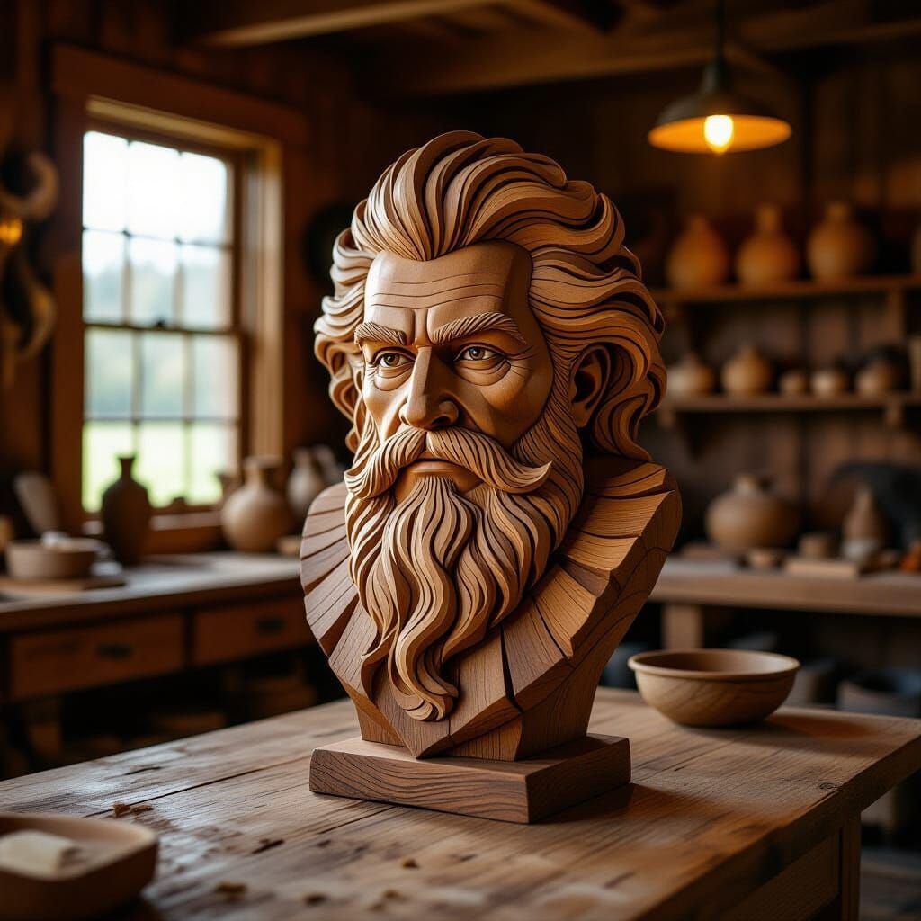 Handcrafted Wood Carvings and Sculptures in Rustic Workshop