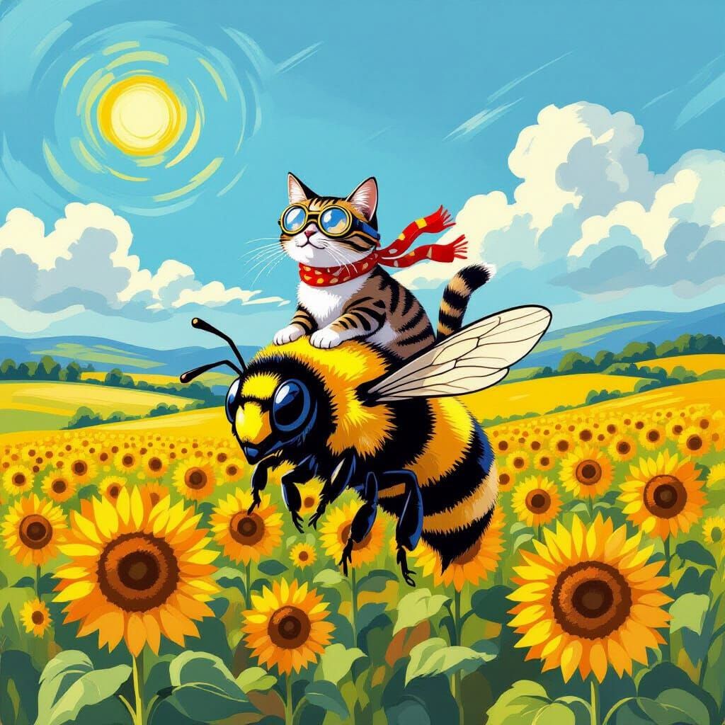 Cat Rides Bumblebee Through Sunflower Field: Van Gogh Style