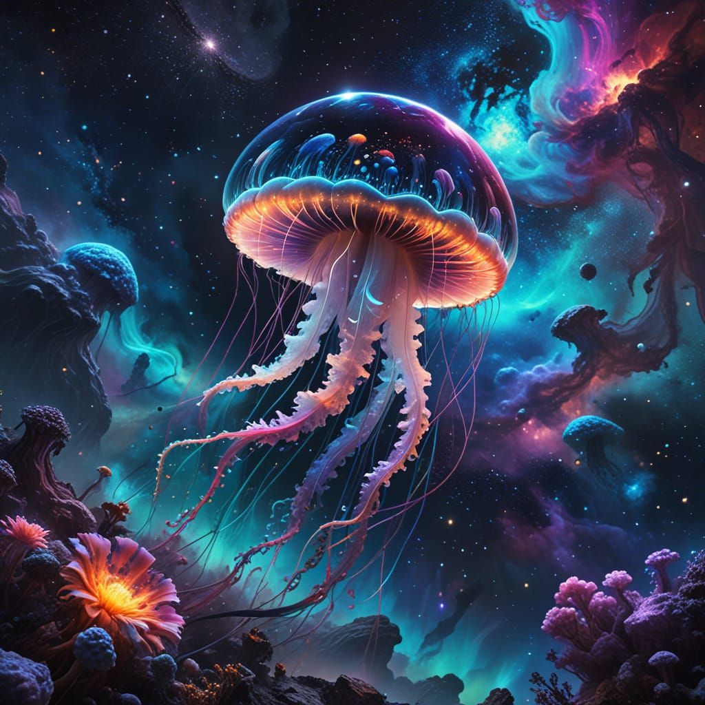 Bioluminescent Jellyfish Drifting Through Space in Gouache S...