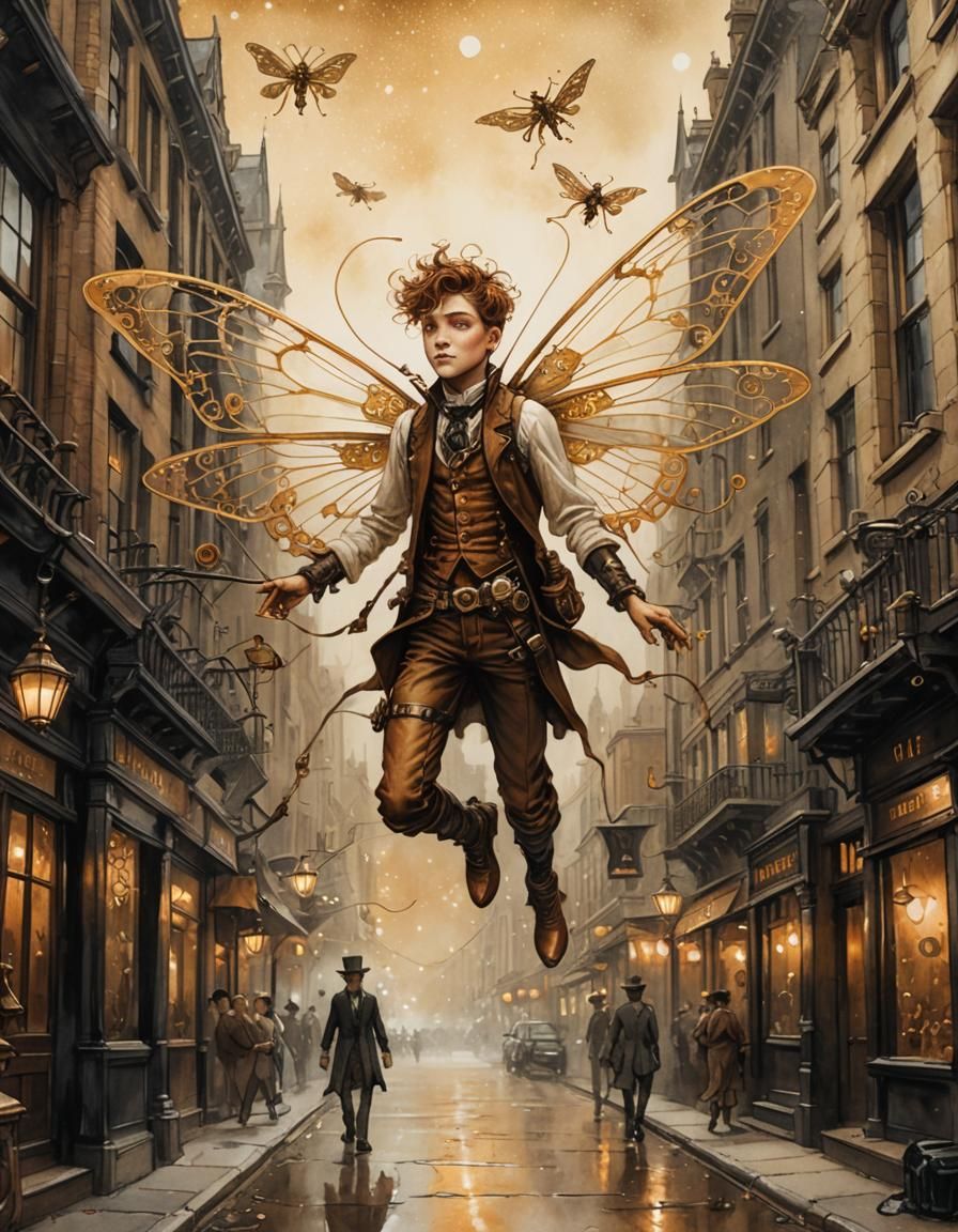 Steampunk Fairy Boy Flies Over London Street