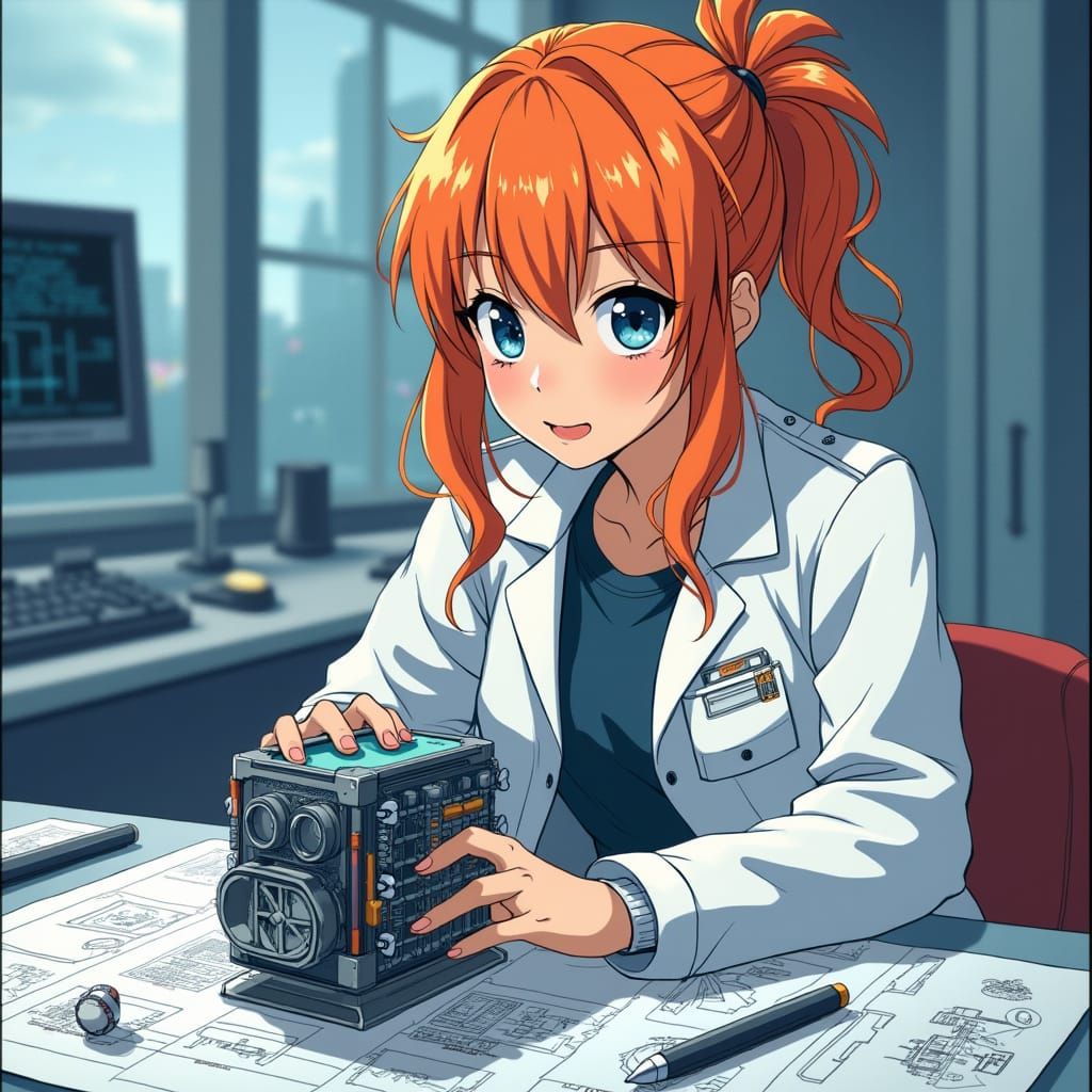 Anime Girl Examines Nuclear Reactor in High-Tech Lab