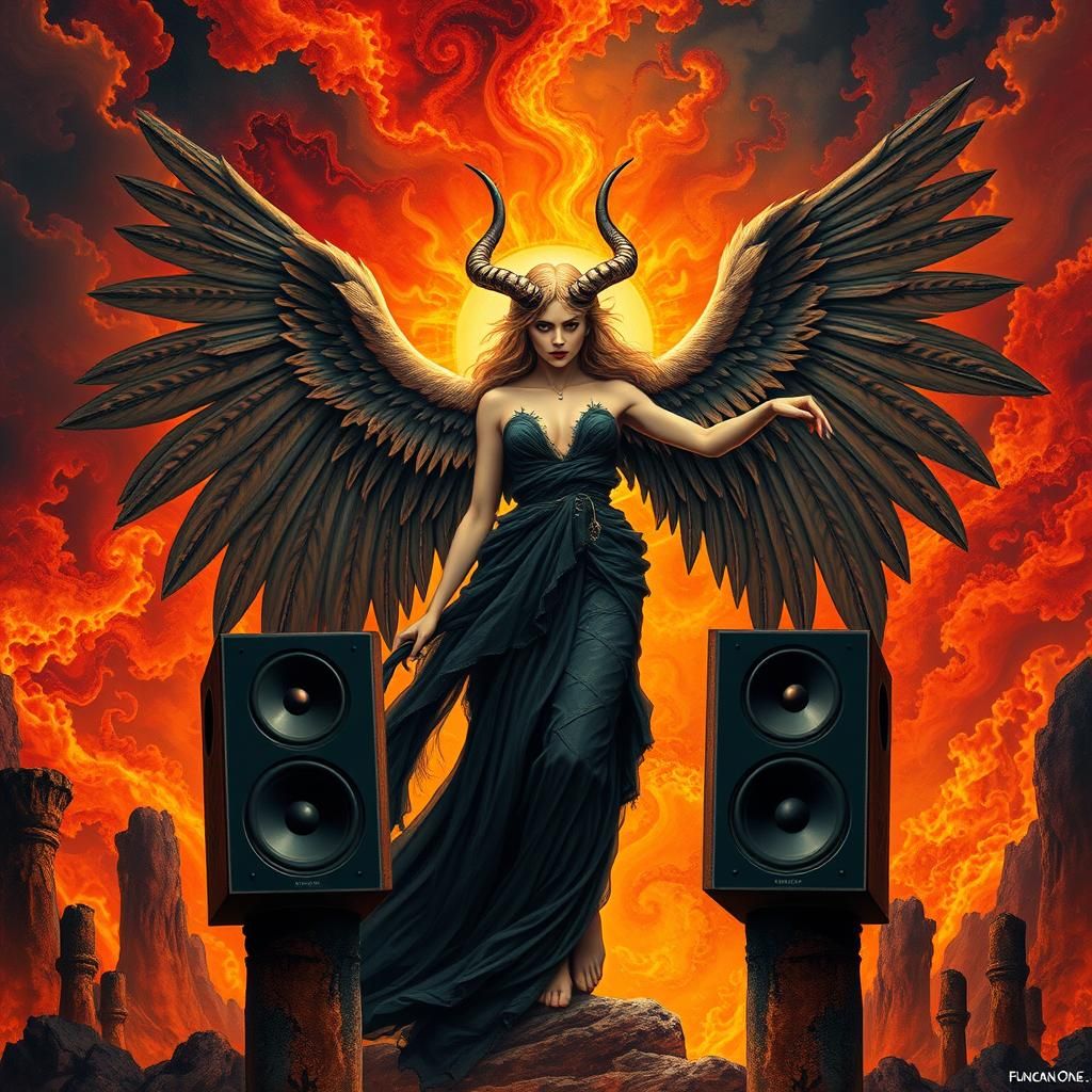 Mystical Angel in Fiery Landscape: Digital Art