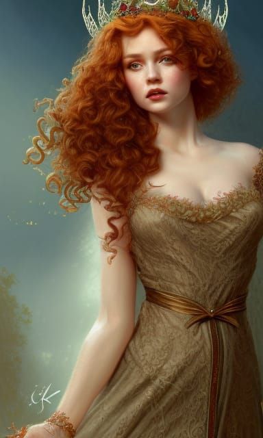 Red-Haired Goddess Portrait with Lace Dress and Wings