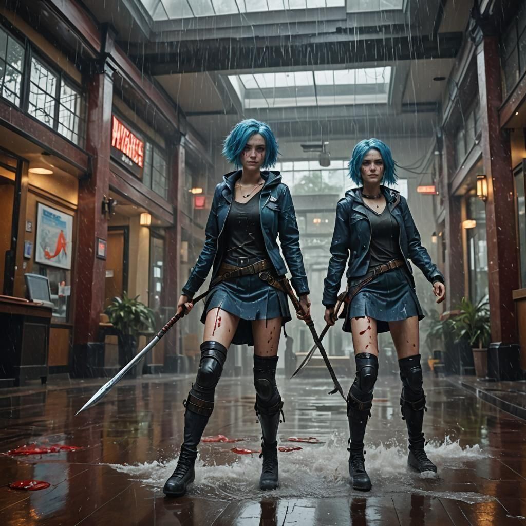 Manic Blue-Haired Twins in Bloody Bank Lobby