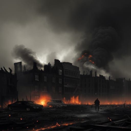 Apocalyptic Charcoal Drawing of Burning Houses and Zombies