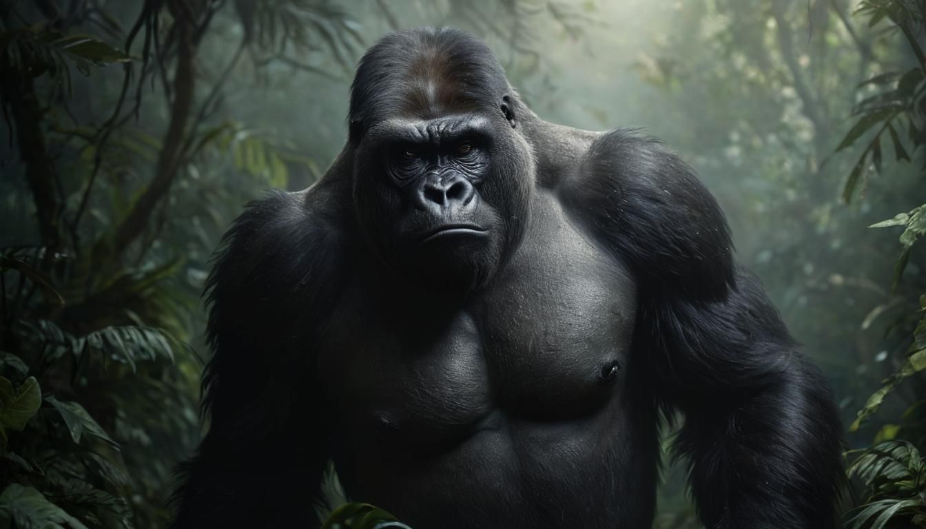 Silverback Gorilla Emerges from Jungle Mist
