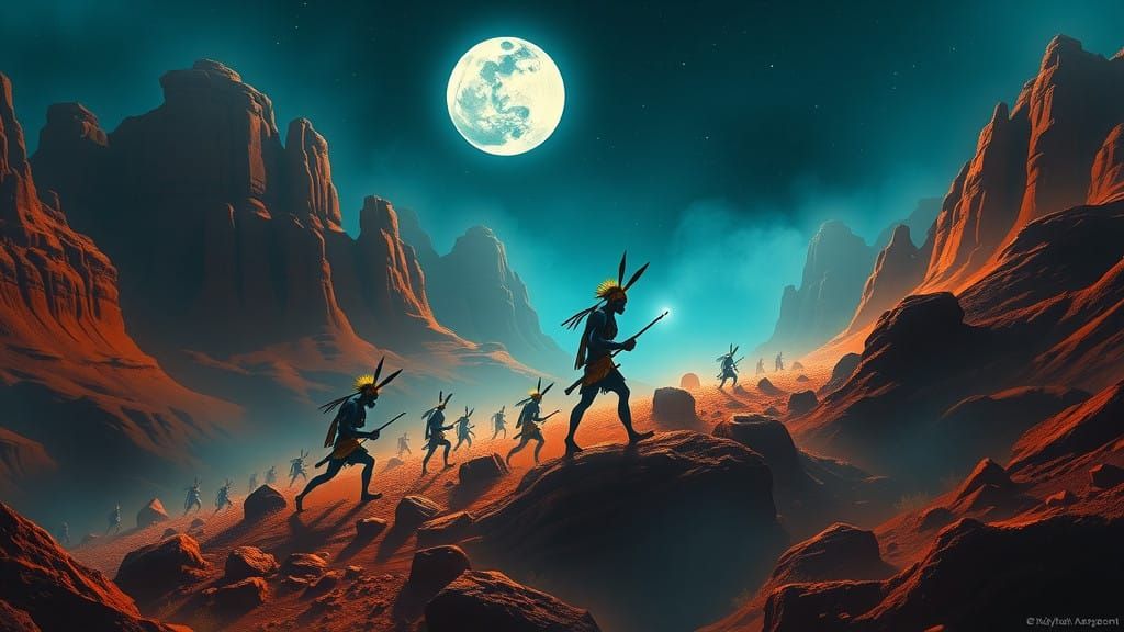 Mystical Kokopelli Gathering in Dreamlike Expanse Under Ceru...