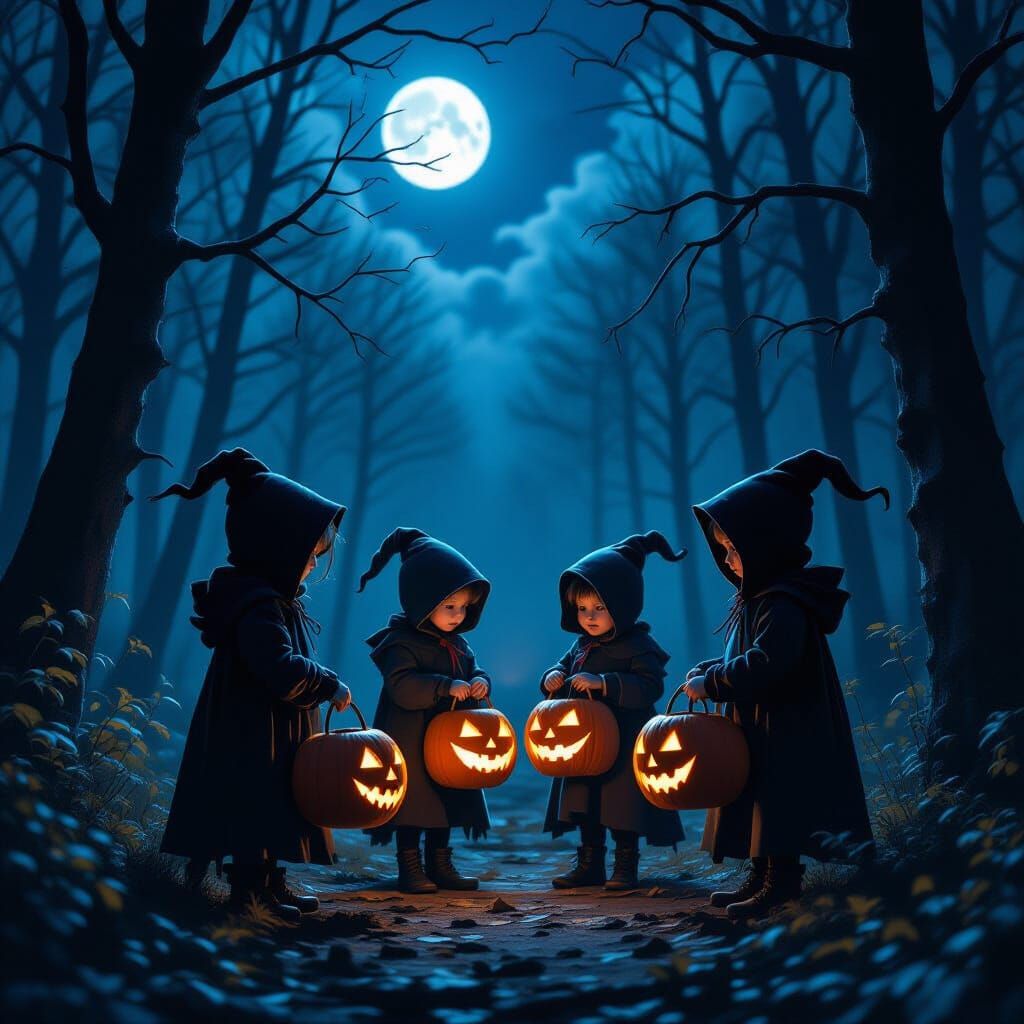 Eerie Midnight Forest Children in String Costumes
