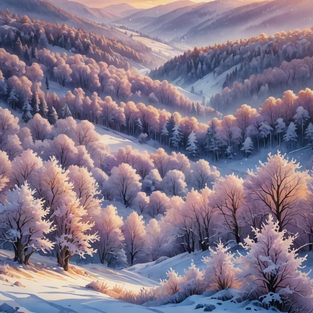 Winter Sunset: Digital Watercolor Landscape Illustration