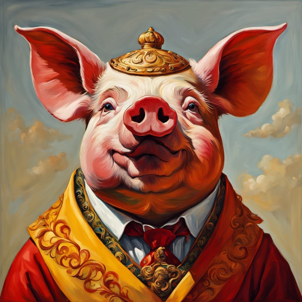 Vibrant Fauvist Pig in Red and Yellow Costume Holds Human He...