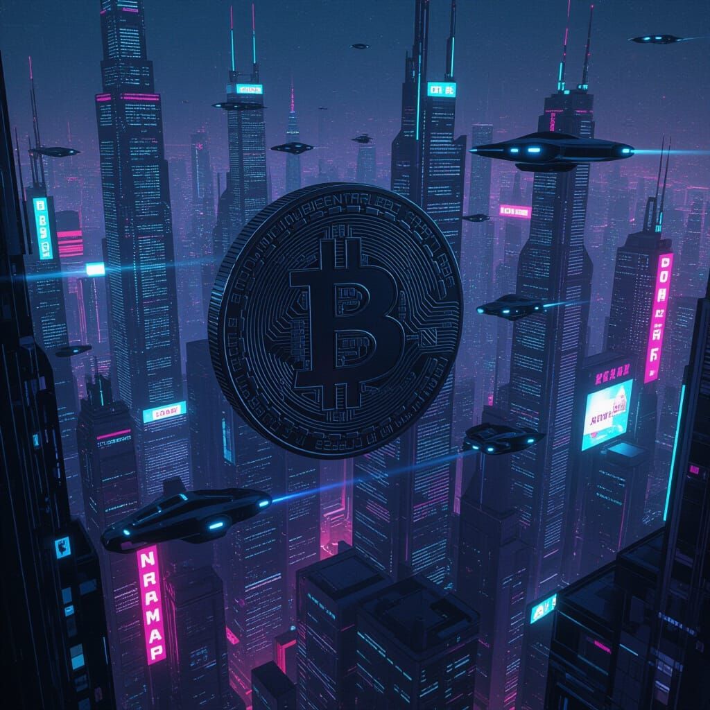 Chrome Bitcoin Symbol Over Neon Cyberpunk Cityscape