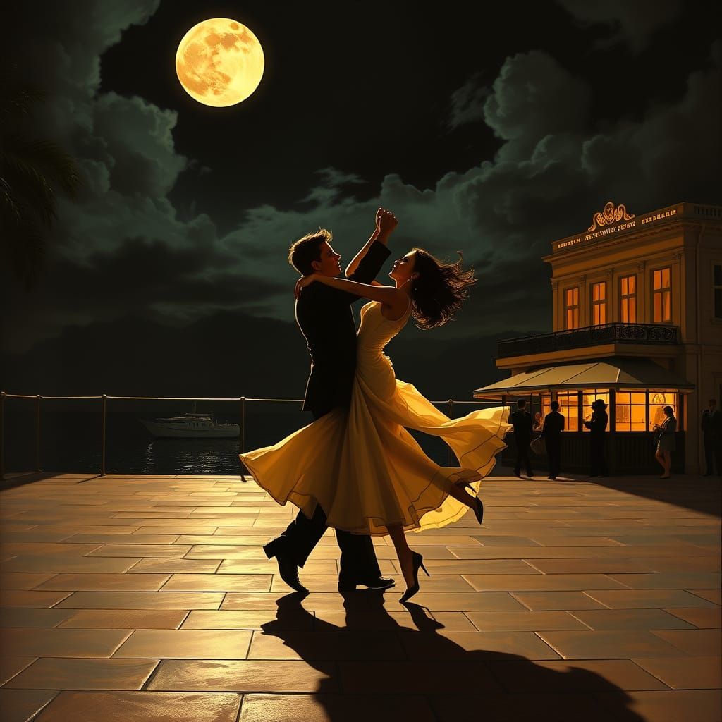 Dramatic Lunar Dance in Vibrant, Impasto-Inspired Style