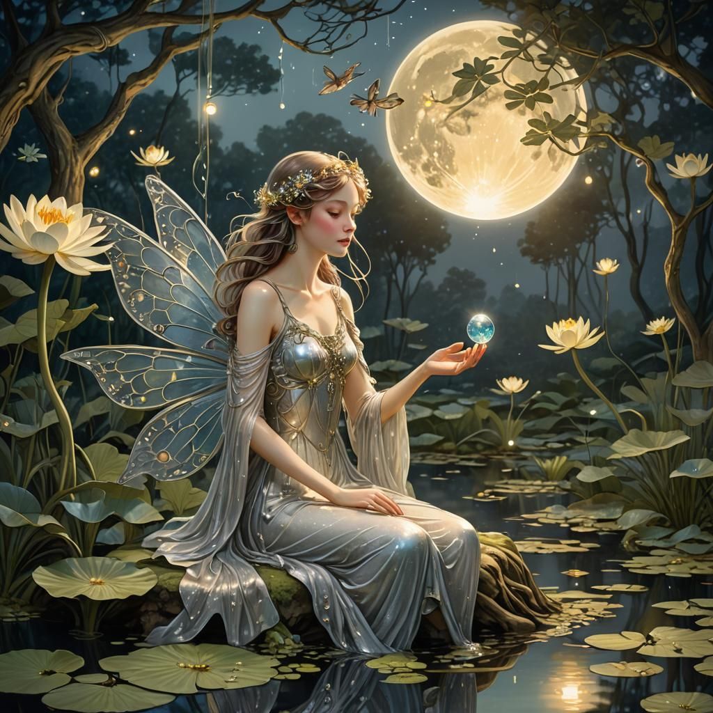 Art Nouveau Fairy with Crystal Ball in Forest