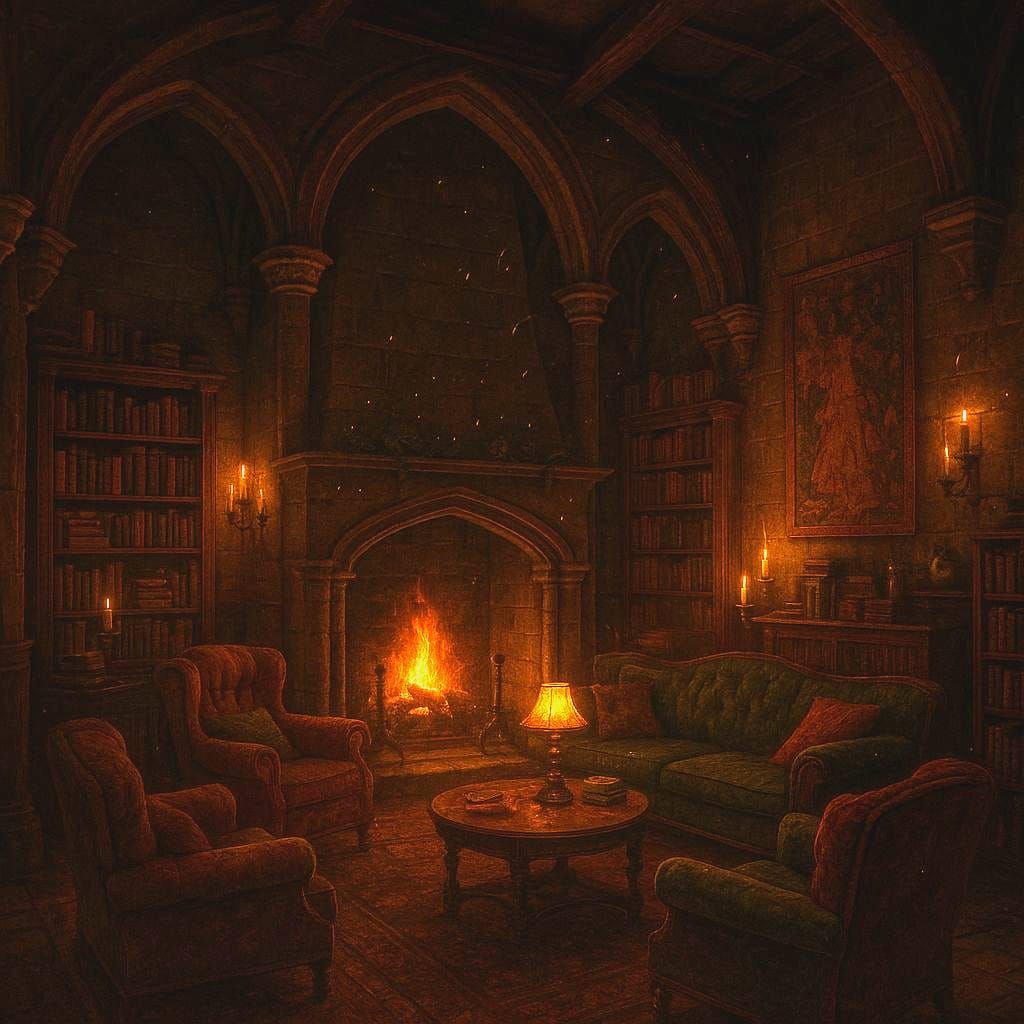 Dark Academia Common Room with Magical Wizarding School Ambi...