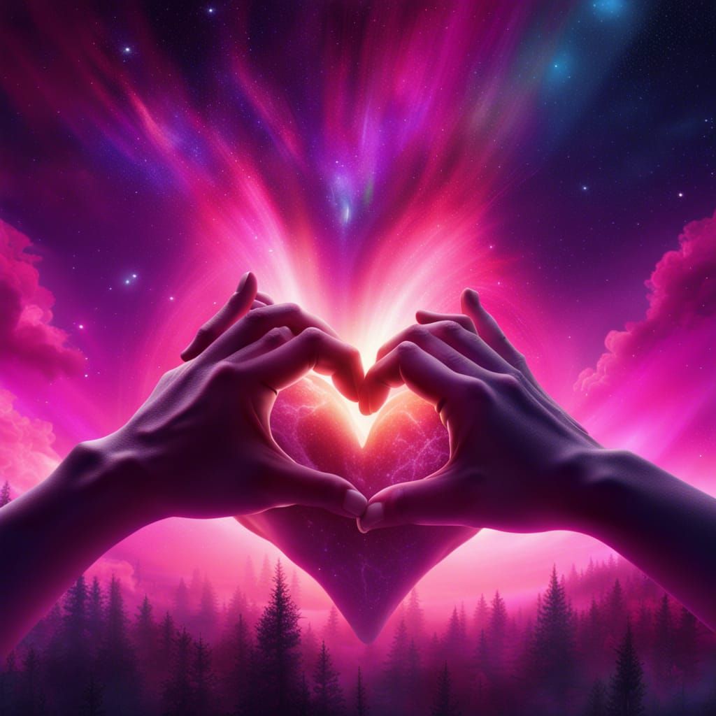 Hands Forming Heart with Aurora Borealis Sky