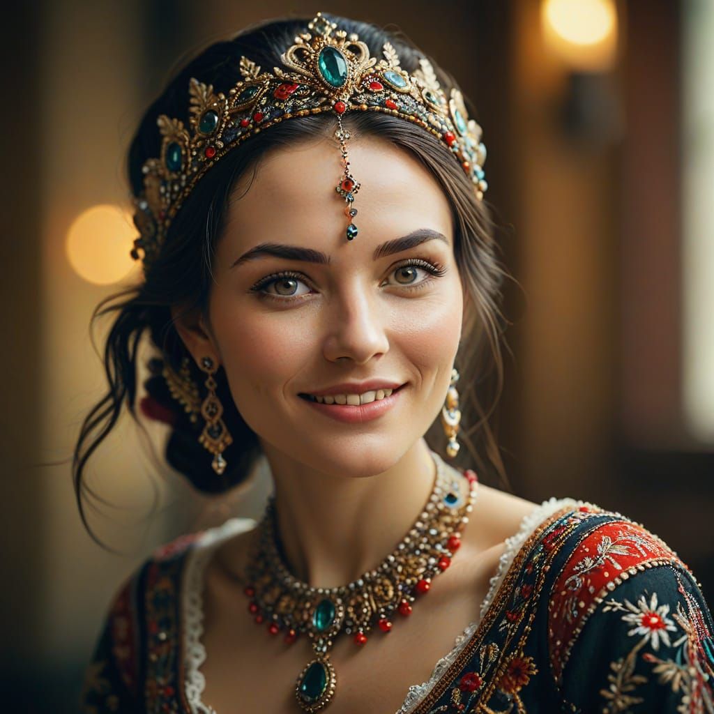 Elegant Woman in Folklore Attire with Jewels, Cinematic Port...