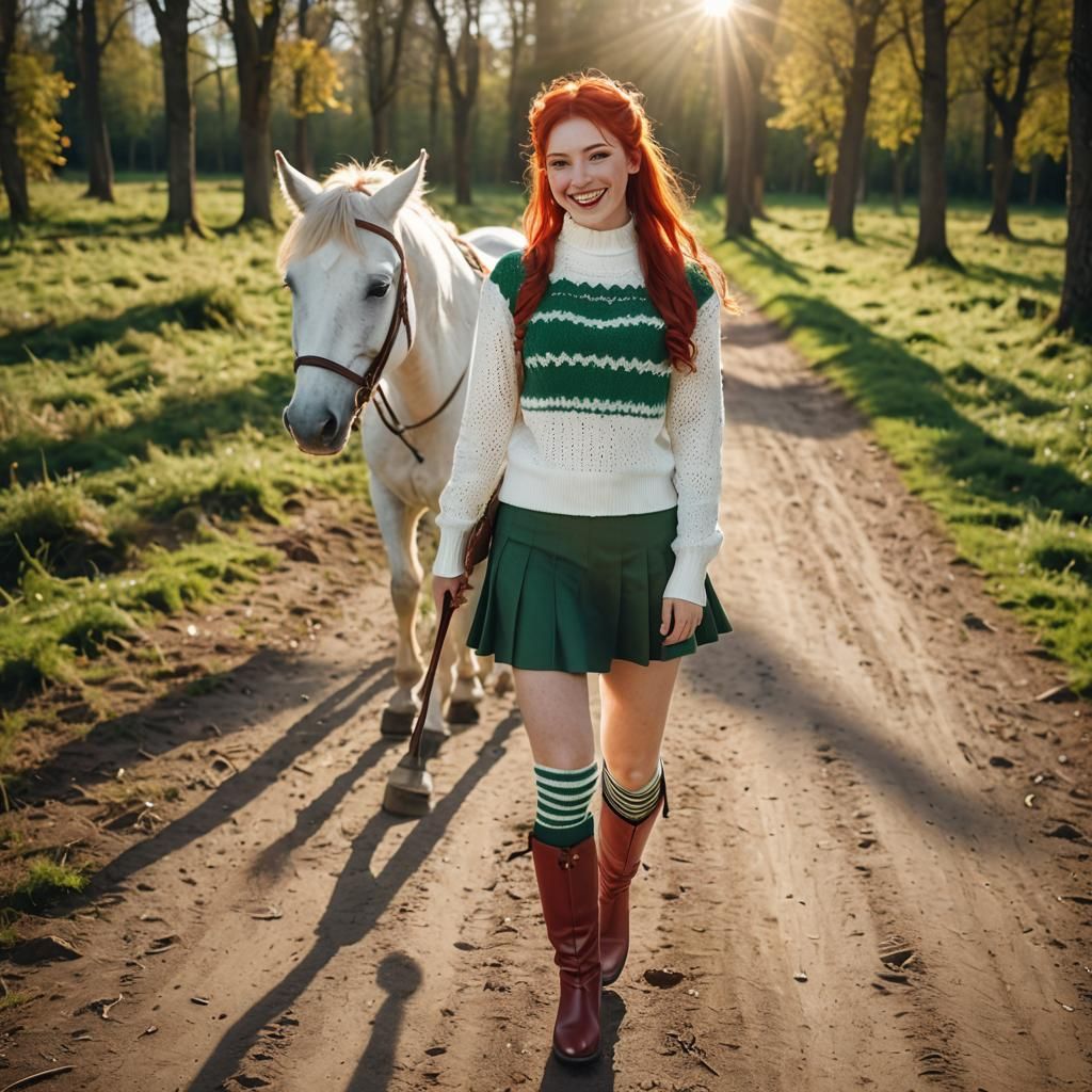 Girl with Pigtails Riding a White Horse