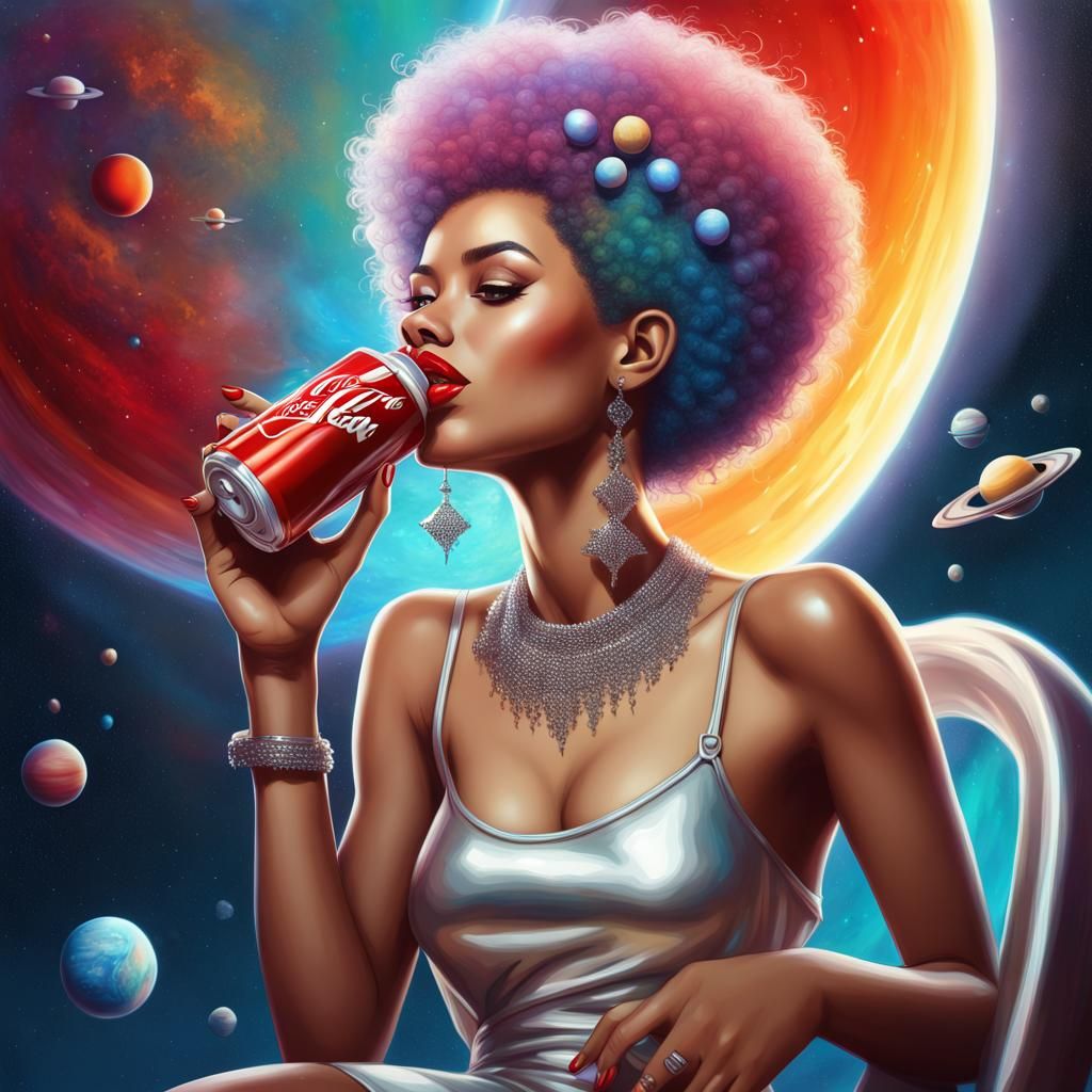 Rainbow Afro Girl Drinking Coke in Space