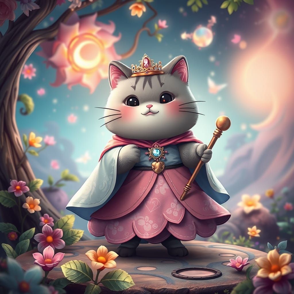 Magical Girl Cat in Vibrant Dreamlike Landscape