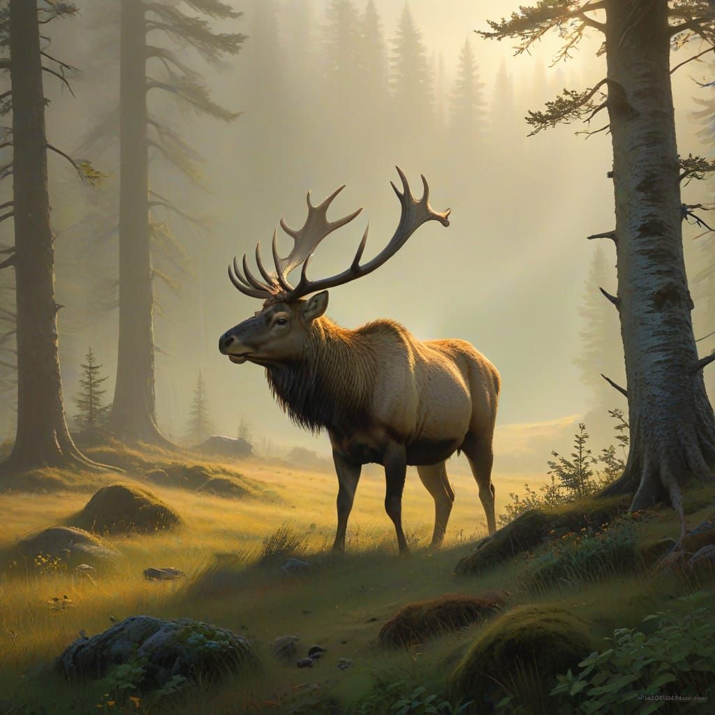 Irish Elk in Misty Meadow, Bierstadt Landscape
