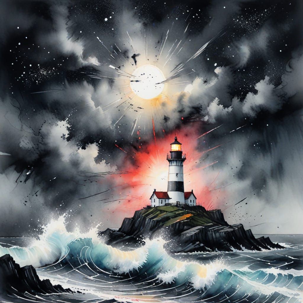 Bloodmoon Lighthouse Under Starry Night Sky