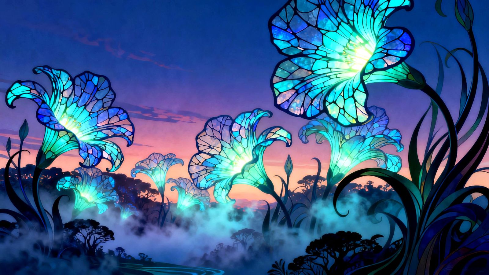 Surreal Bioluminescent Flowers Bloom in Mystical Twilight