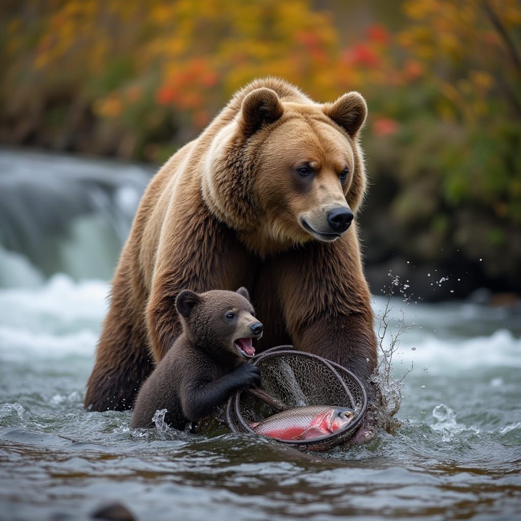 Brown Bear Family Fishing in Alaskan Stream