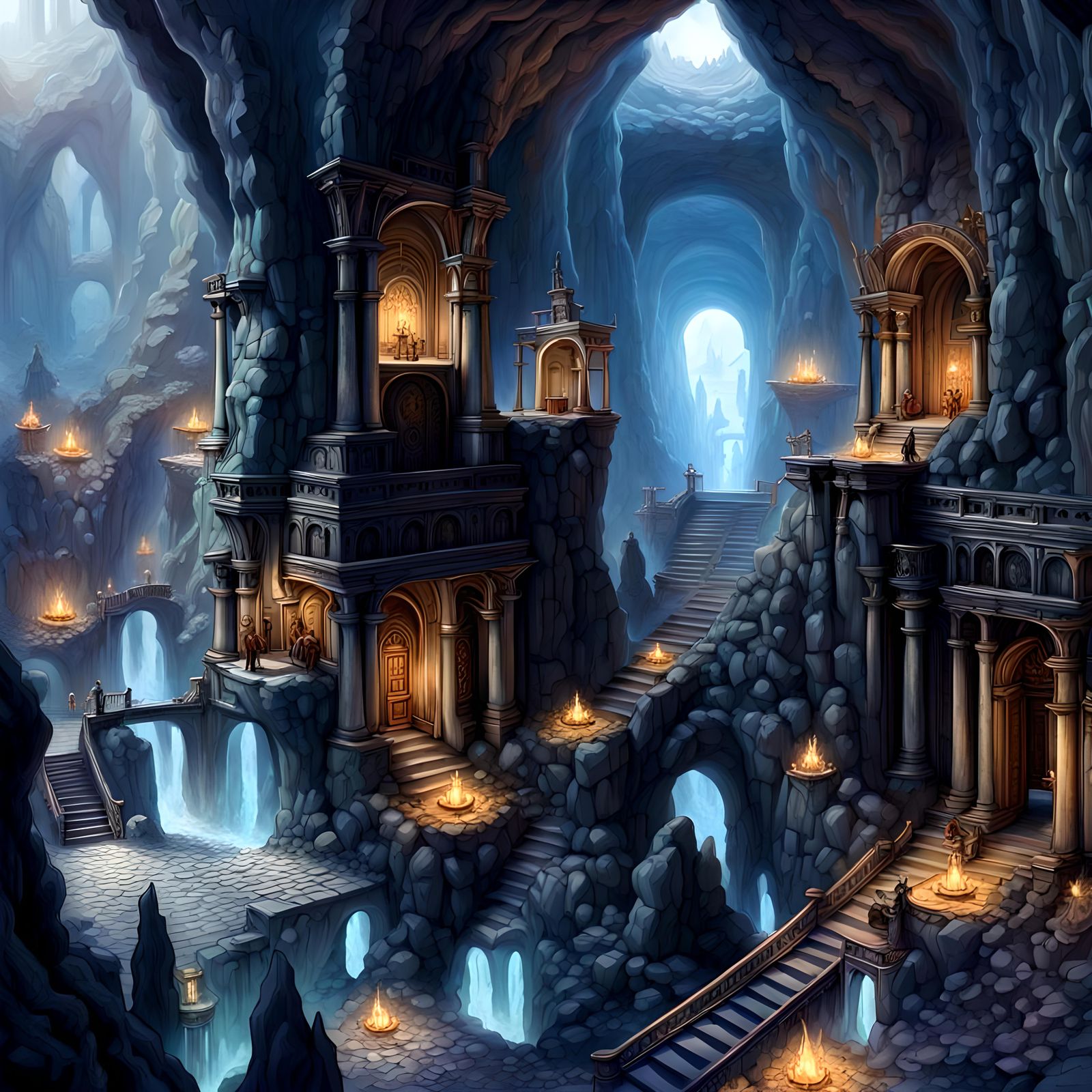 Ultradetailed maximalist Mines of Moria, stairways, in the t...