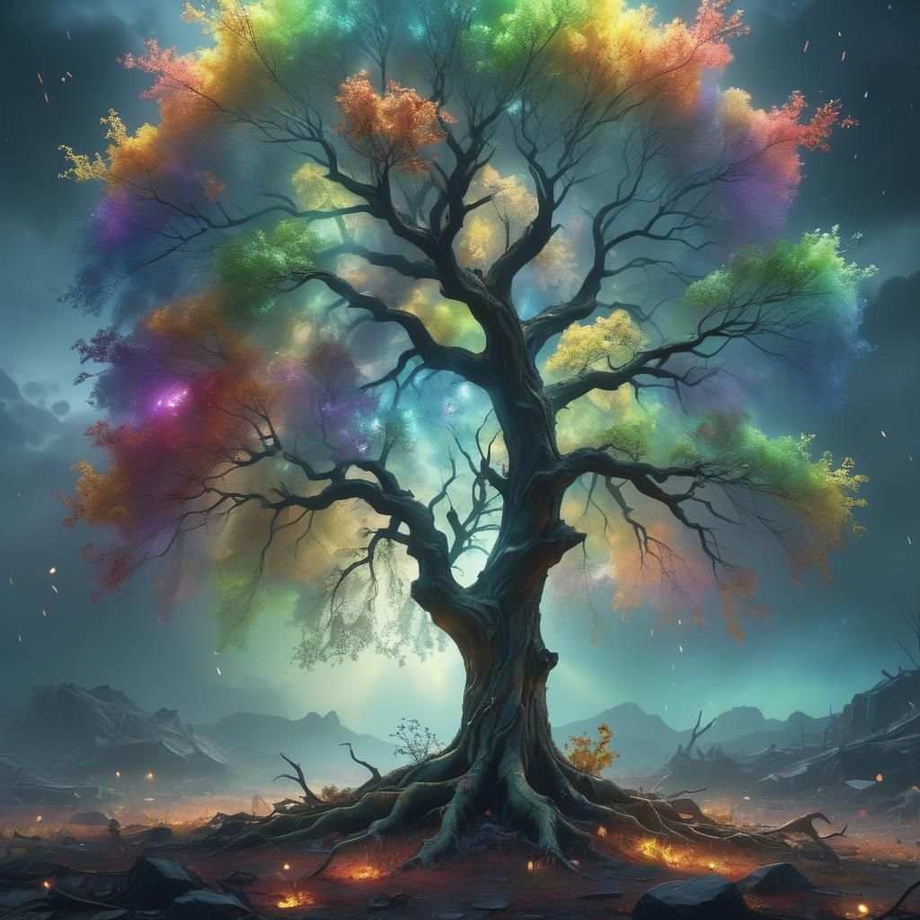 Post-Apocalyptic Sycamore Tree in Ethereal Fantasy Style