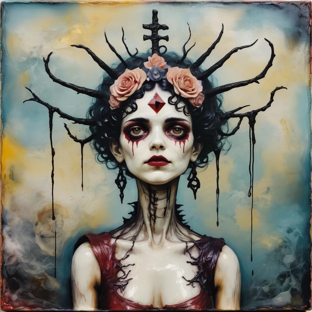 Diabolical Malevolent Encaustic, deity, balancing life and death, Rebecca Sugar