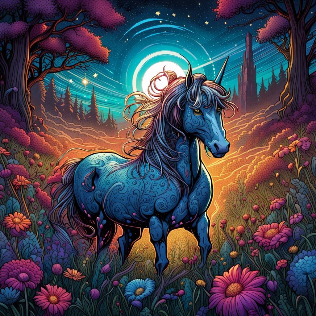 High Gothic Unicorn in Starry Flower Meadow