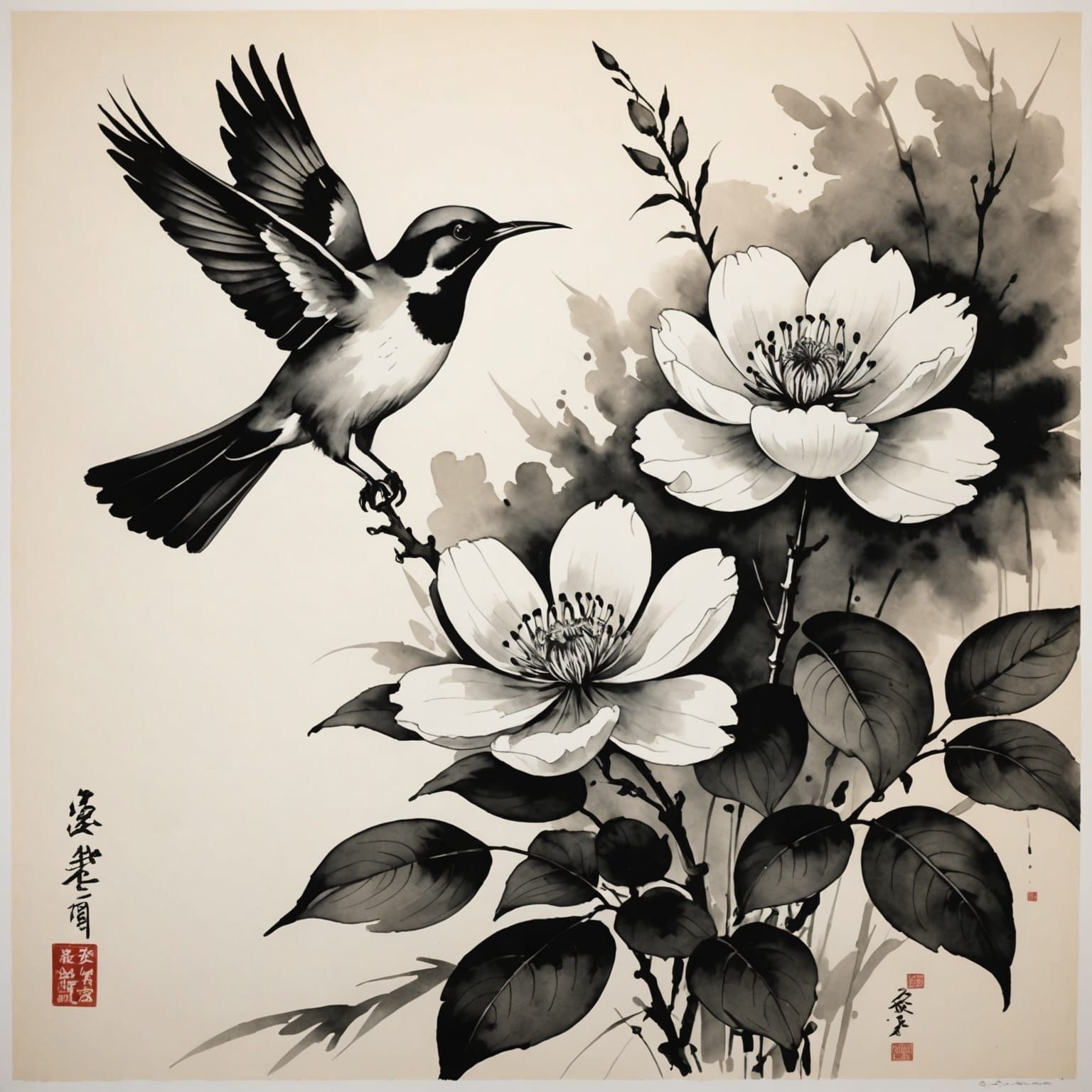 Elegant Freehand Ink Painting with Charcoal Details