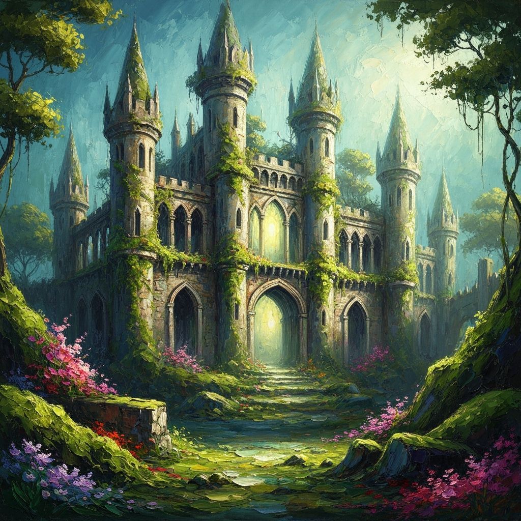 Ancient Castle Overgrown with Nature in Impasto Style