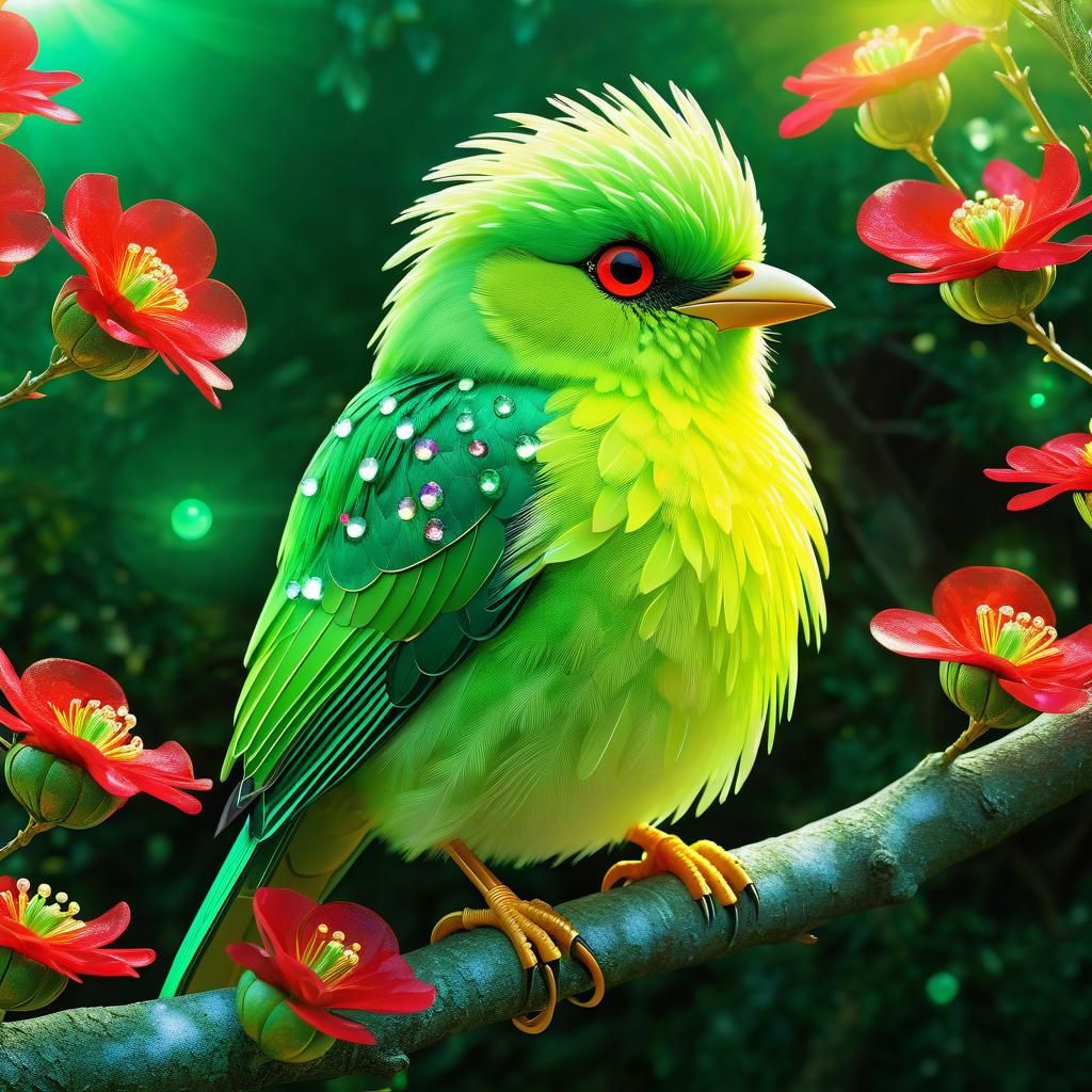 Fluffy Green Bird in Utopian Fantasy Crystal Garden
