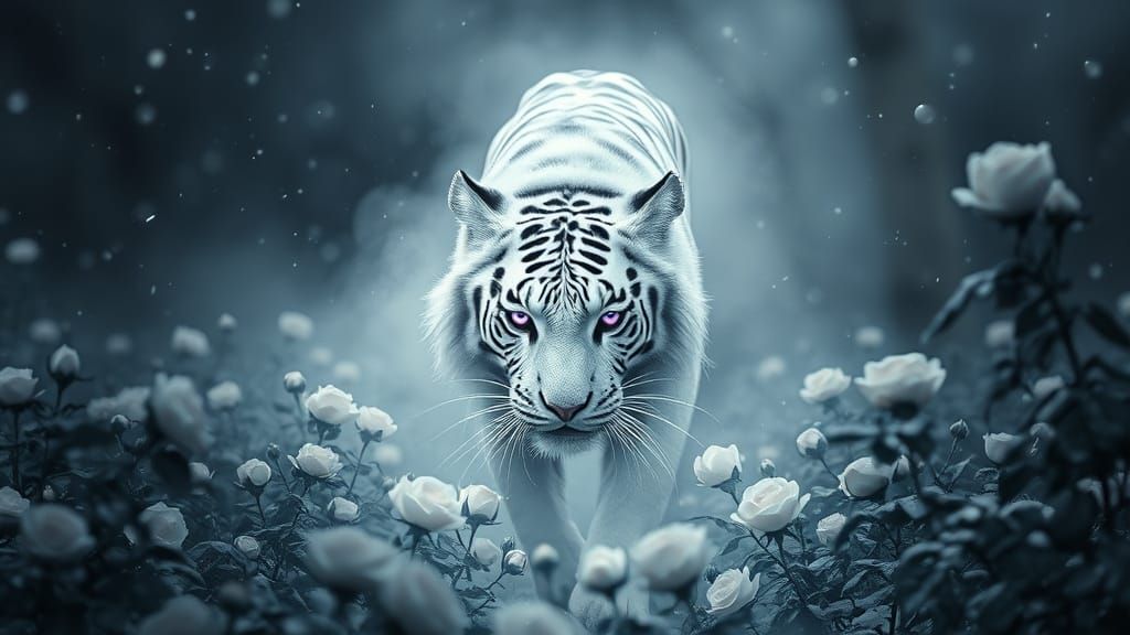 White Tiger Stalking Through Snowy Rose Field