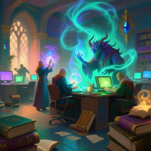 Vibrant Fantasy Office with Mages and Mythical Beings