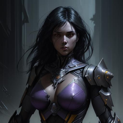 Militant Black-Haired Robot Woman: Dark Fantasy Concept Art