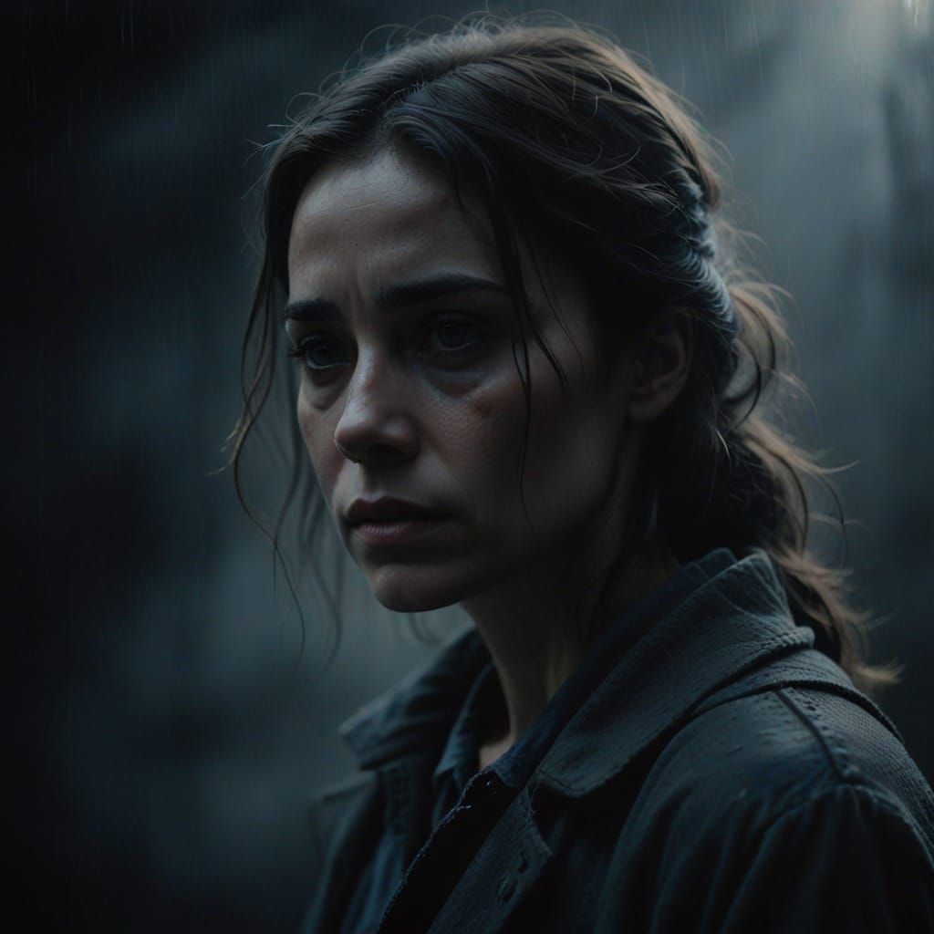 Melancholic Woman in Dark Oil Painting with Shadows