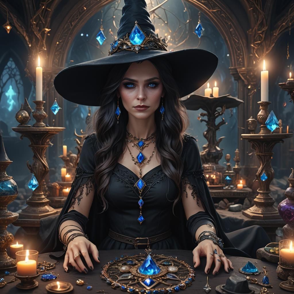 Woman with Witch Hat and Crystals