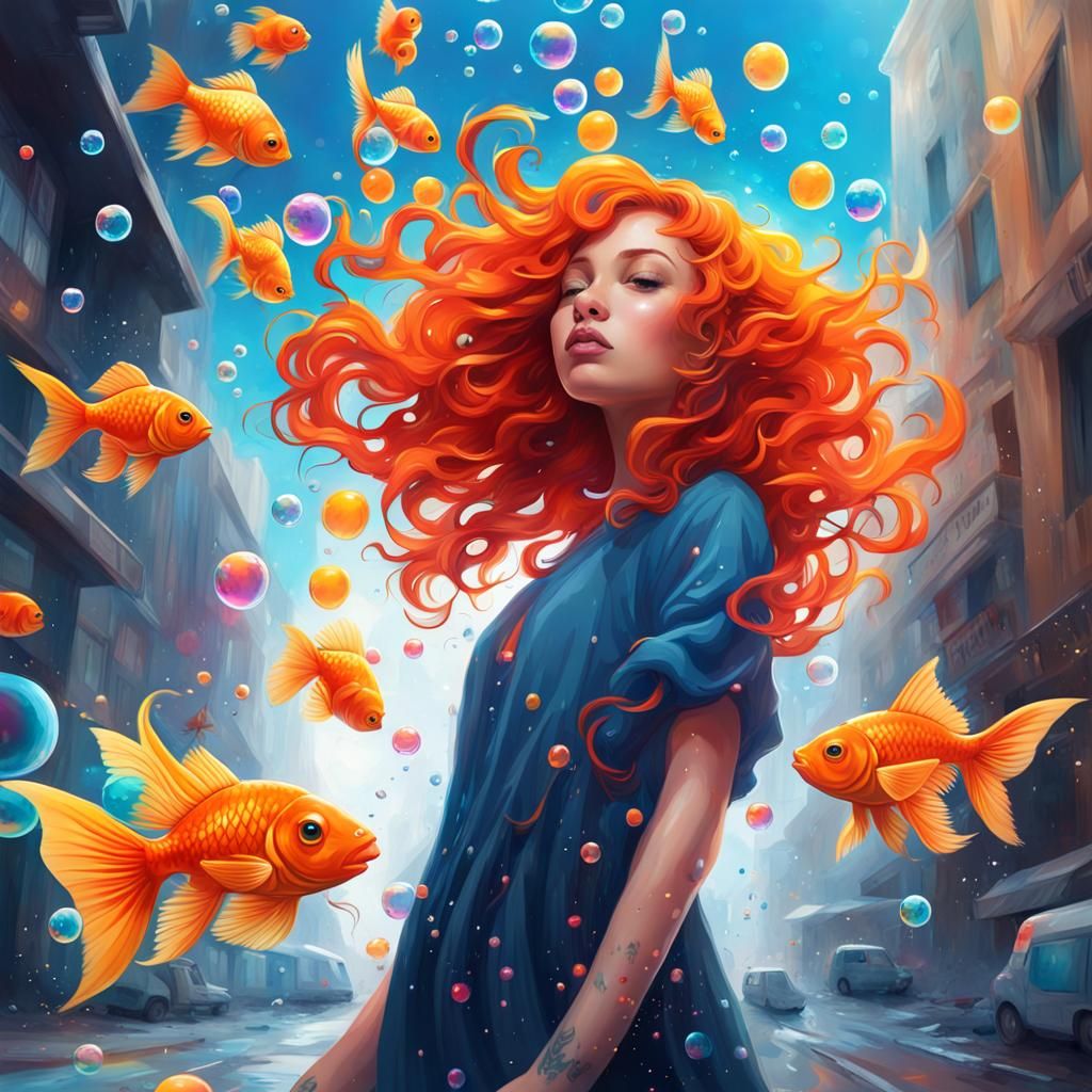 Girl in Galaxy with Goldfish, as Graffiti Art