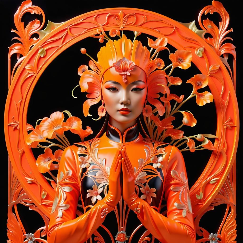 Art Nouveau Figure in Neon Orange and Vermillion