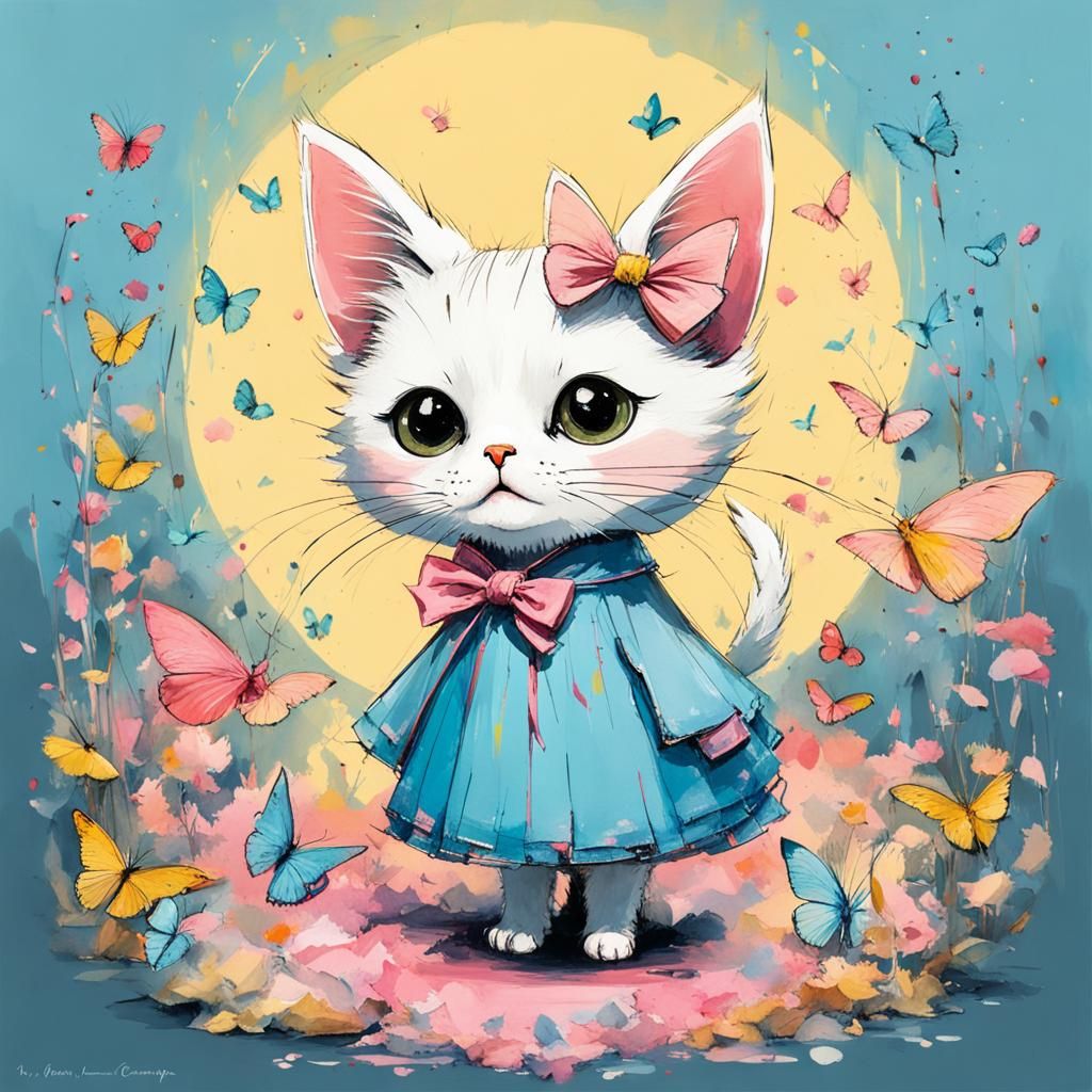 Winged Cat in Dress: Pastel Watercolor Art