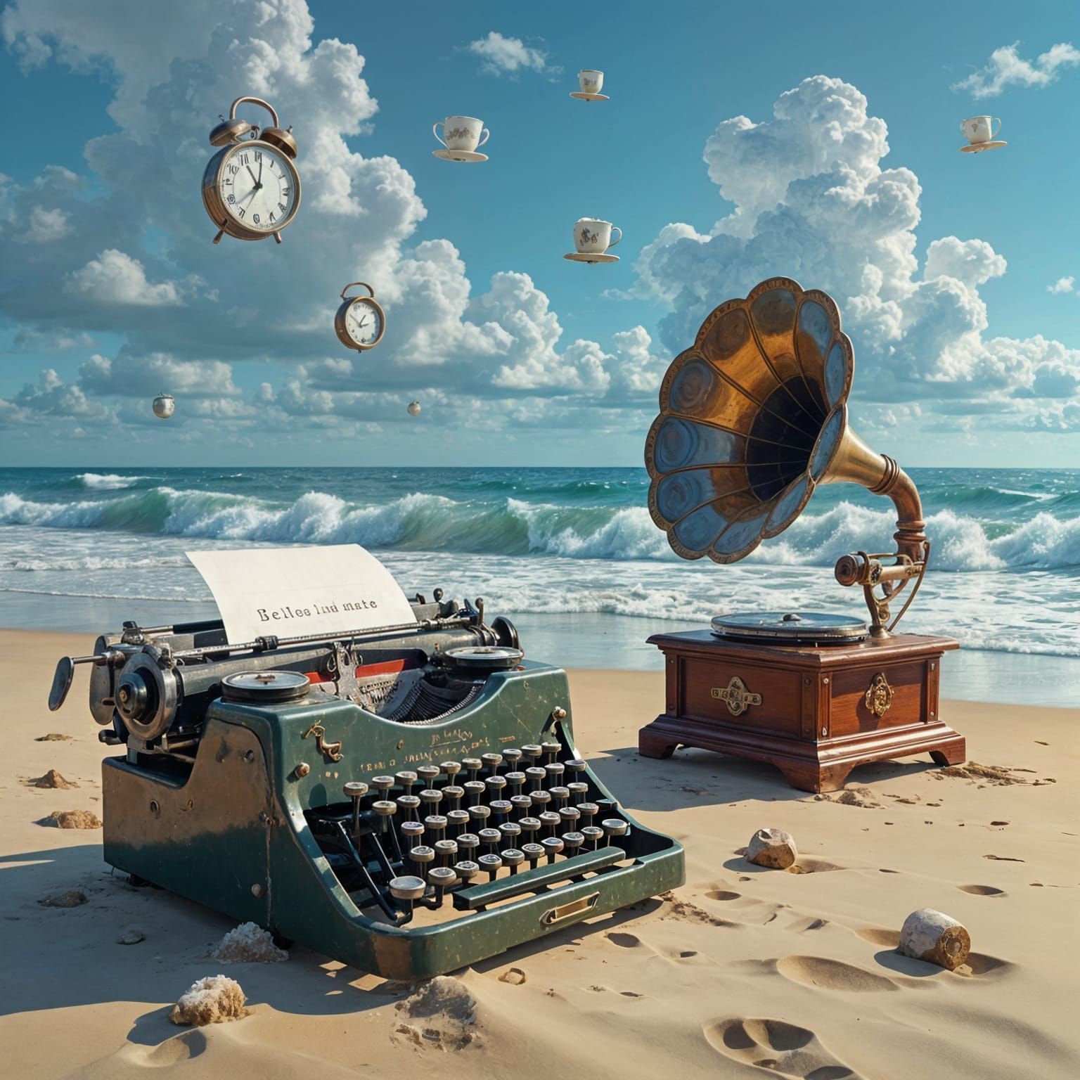 Surreal Beach Scene: Typewriter, Gramophone, Melting Clocks