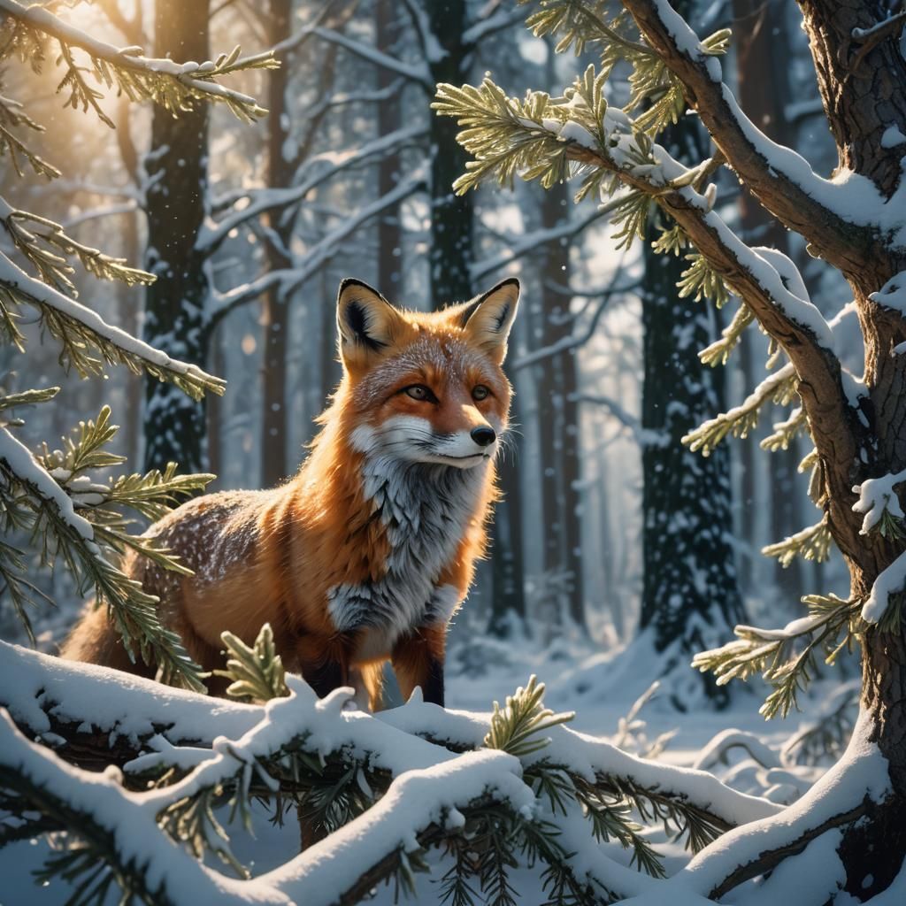 Fox in Winter Forest: Whimsical Matte Painting