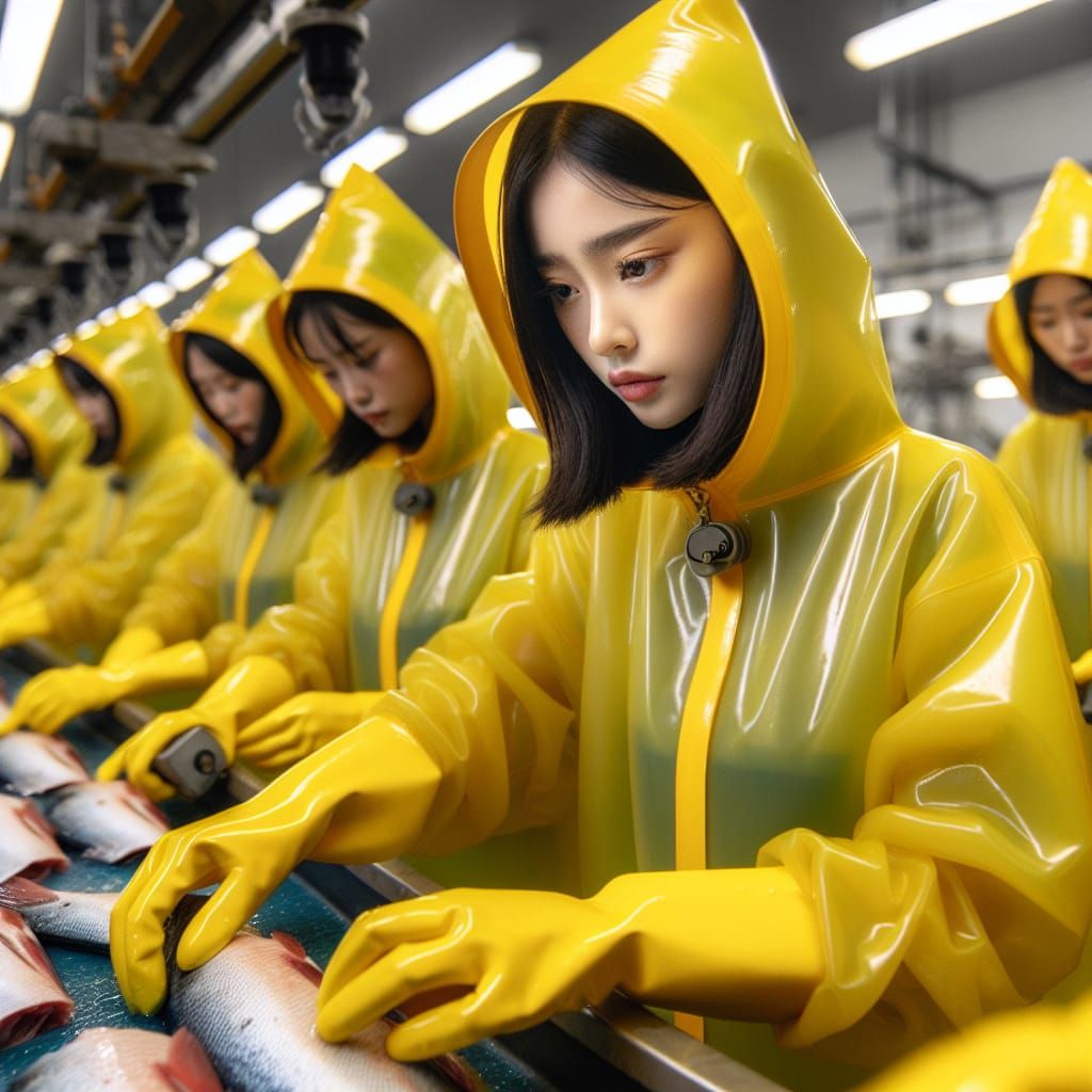 Asian Women Processing Salmon in Factory