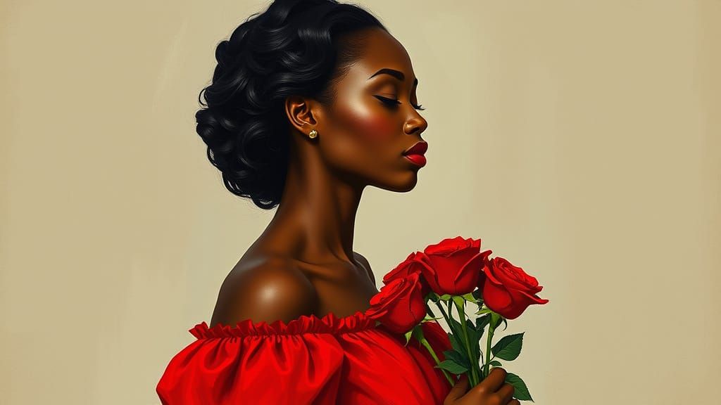 Black Woman in Red Dress with Roses, Modern Portrait