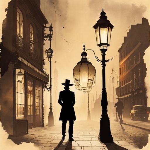 Steampunk Magician Silhouette in Ink Painting Style