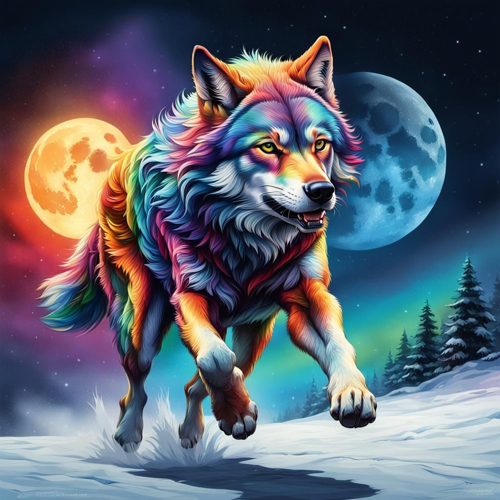 Rainbow Wolf Running Under Full Moon